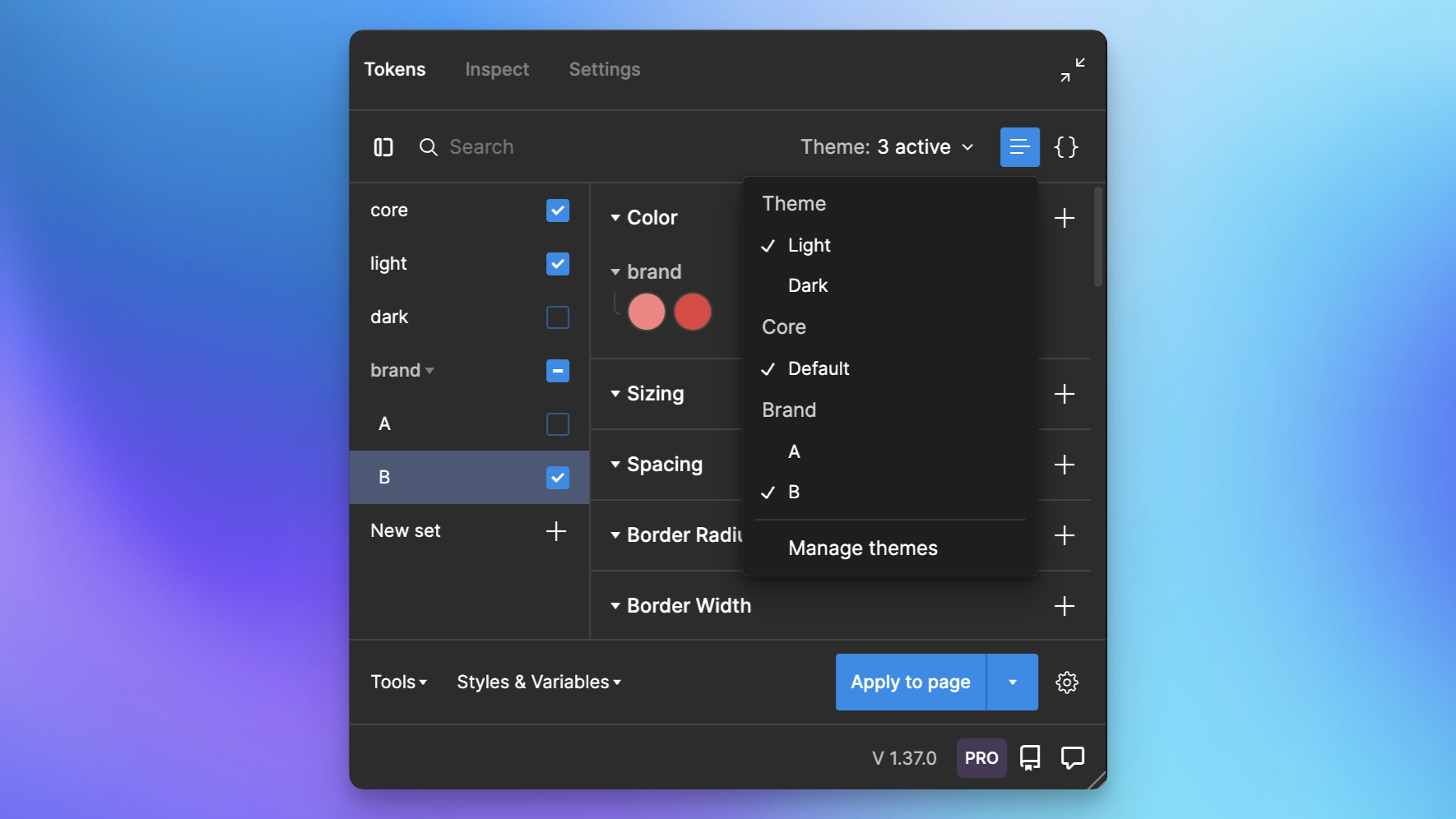 An open theme dropdown in the Tokens Studio for Figma plugin